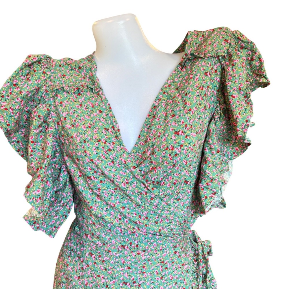 ♾️Bali ELF Rayon Green Fields Carmen Wrap Maxi Dress Boho Festival Ruffle Lg♾️ - Picture 10 of 12